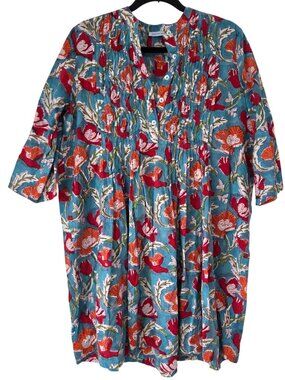Le Bazar Coastal Teal Blue Floral Summer Dress Boho Festival Women's S